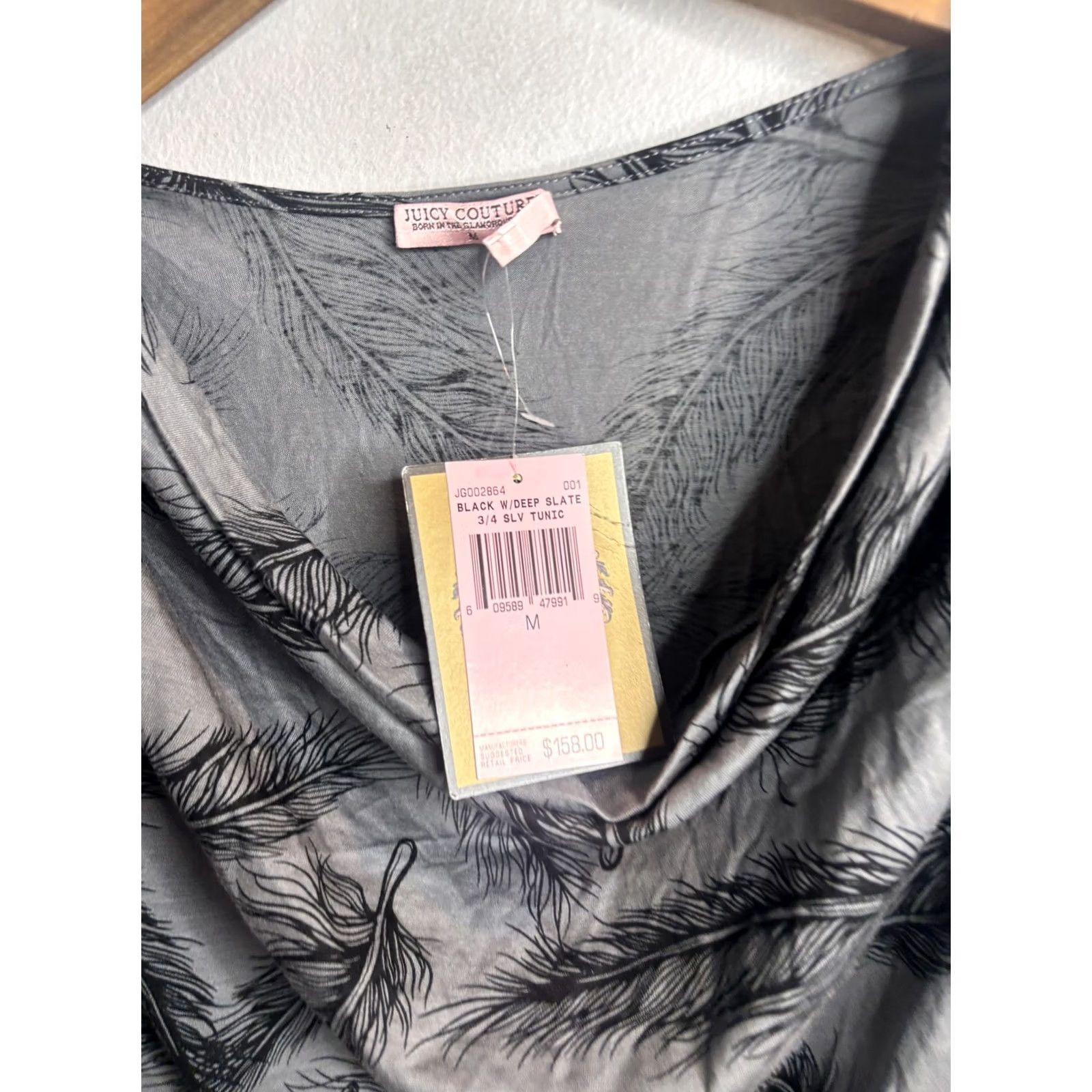 Juicy Couture Juicy Couture Tunic Top Womens M Gray Cowl Neck 3/4 Sleeve Dolman Feather Print Size M / US 6-8 / IT 42-44 - 2 Thumbnail