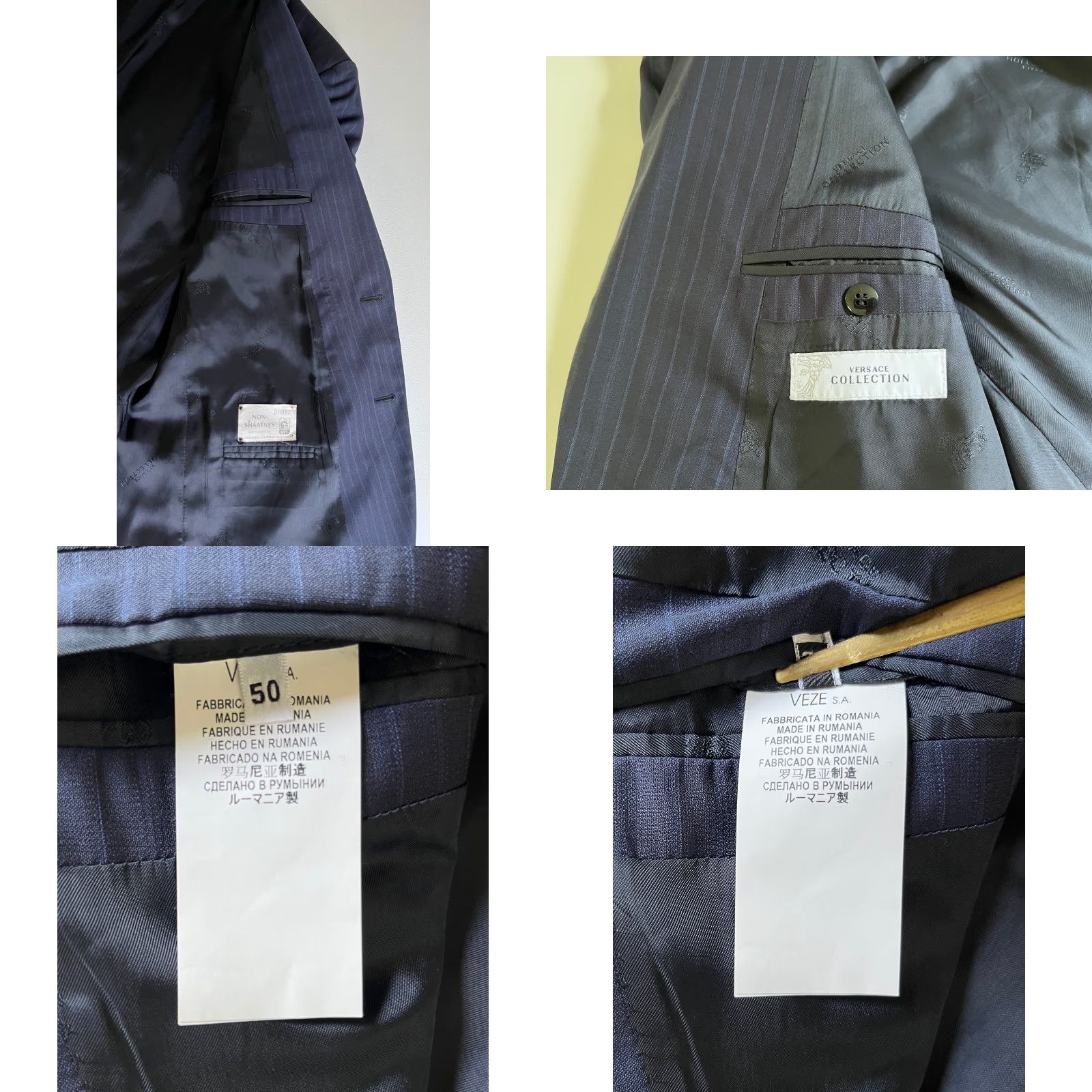 Versace VINTAGE Versace Collection Men's Wool Suit Jacket Navy 40 IT 50 Single-Breasted Two-Button Striped 3-Button Sleeve Regular Adult Mens Size 40R - 8 Thumbnail