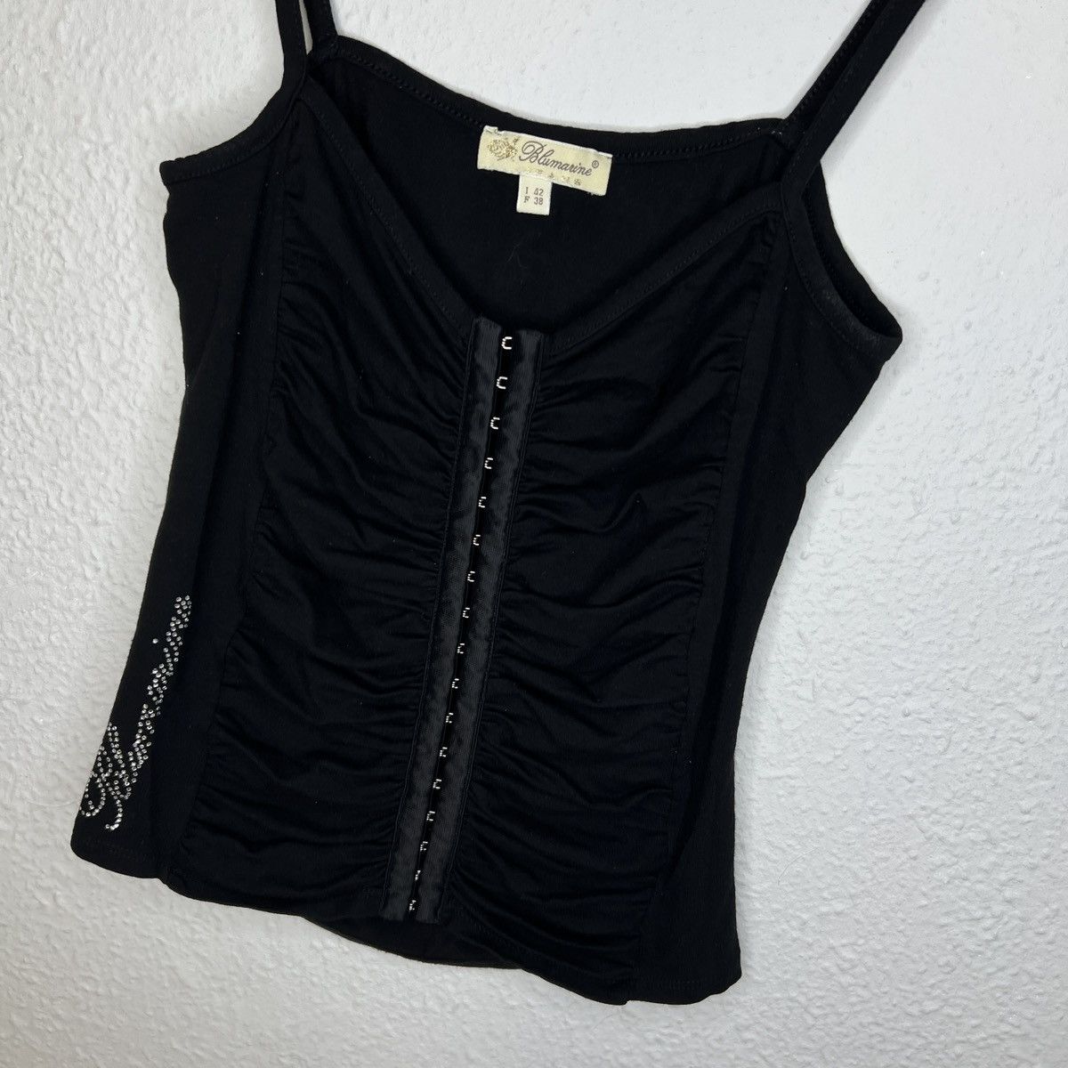 Blumarine × Designer × Japanese Brand Blumarine Crop Top Blouse Black Rhine Stone Logo Y2K Size S / US 4 / IT 40 - 5 Thumbnail