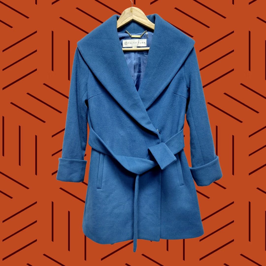 Trina Turk Trina Turk Wool Blend Coat Blue Solid Long Sleeve Women Size 4 Belted Wrap Coat Regular Fit Mid-Length Winter Fall Casual Business Mens Girls Size S / US 4 / IT 40 - 1 Thumbnail