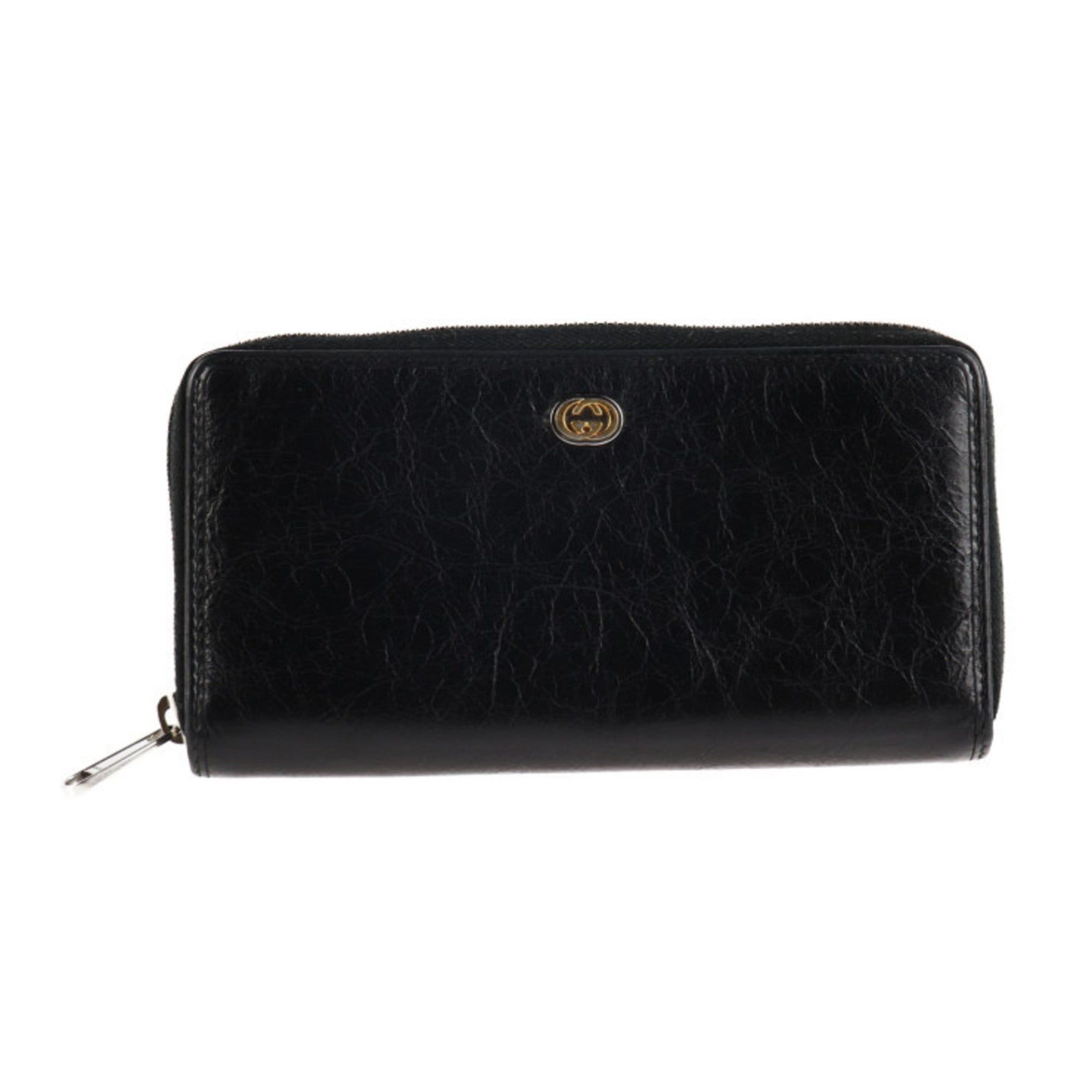 image of Gucci Interlocking G Long Wallet 575988 Leather Black Round Zipper Wrinkled, Women's
