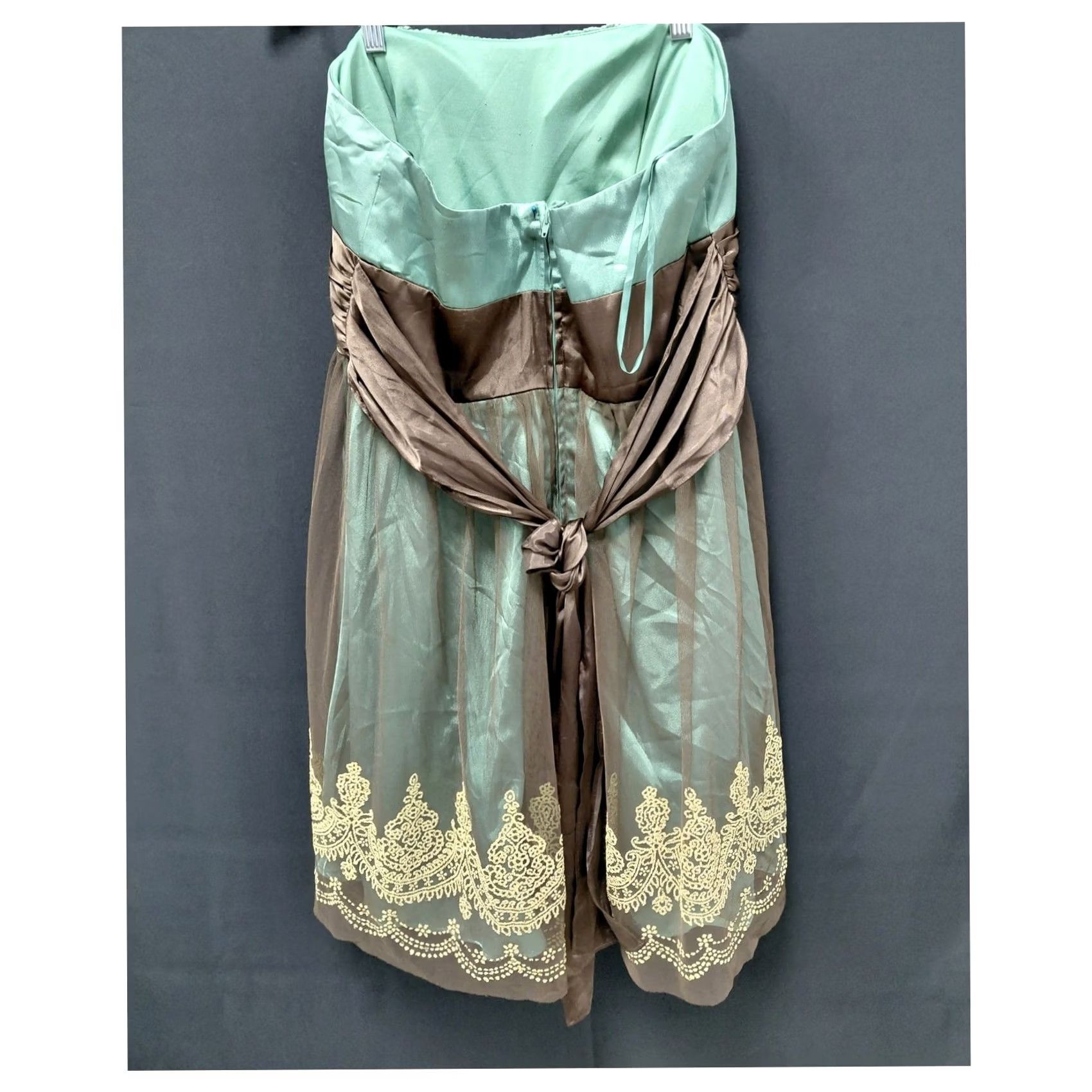 Vintage Blondie Nites by Stacy Sklar Strapless Women Dress Knee Length Green Embroidered Lined Satin/Tulle Mix Formal Party/Cocktail XS? Size L / US 10 / IT 46 - 2 Thumbnail