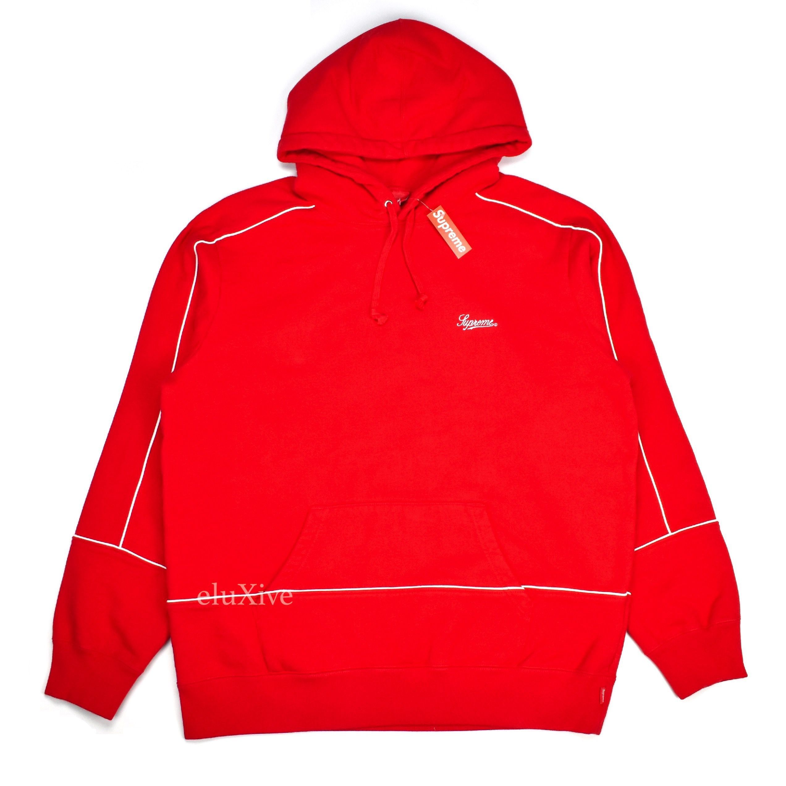 Supreme Red Script Logo Piping Hoodie SS18 DS Size US L / EU 52-54 / 3 - 1 Preview