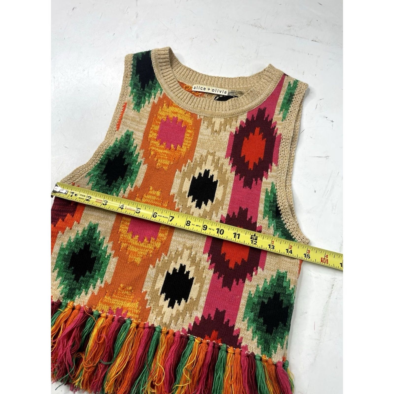 Alice + Olivia Alice + Olivia Tank Womens Small Reva Peplum Fringe Aztec Boho Festival Knitting Knit Crew Neck Sleeveless Multicolor XS S M L Size S / US 4 / IT 40 - 5 Thumbnail