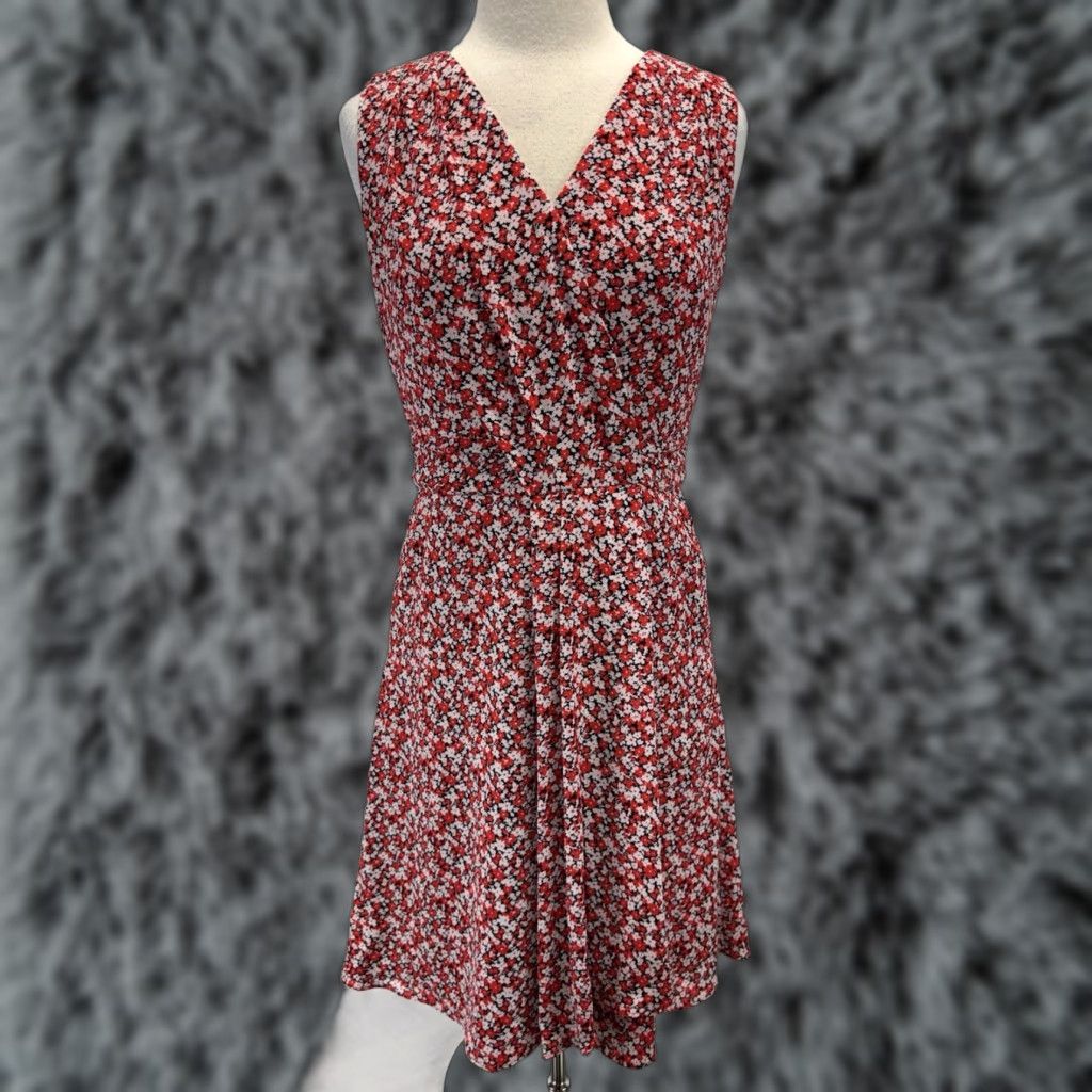 Ralph Lauren Lauren Ralph Lauren Dress Women 8 Sleeveless Red Floral Crepe Ditsy Knee V-Neck A-Line Party Casual Size M / US 6-8 / IT 42-44 - 1 Thumbnail