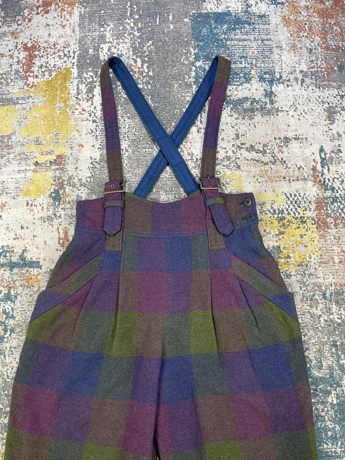 Japanese Brand Vintage Boho Patchwork Plaid Wide Leg Wool Dungaree Size US 30 / EU 46 - 3 Thumbnail