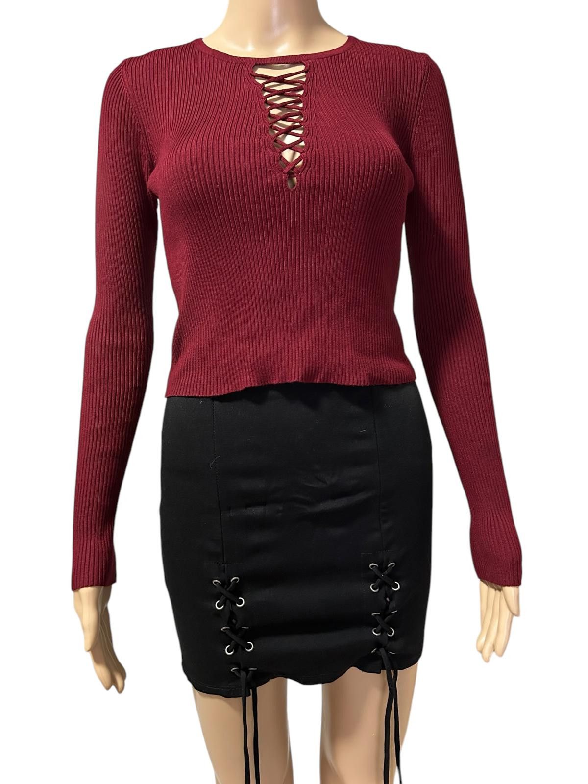 Forever 21 Forever 21 Burgundy Lace-Up Ribbed Sweater Size L / US 10 / IT 46 - 1 Thumbnail