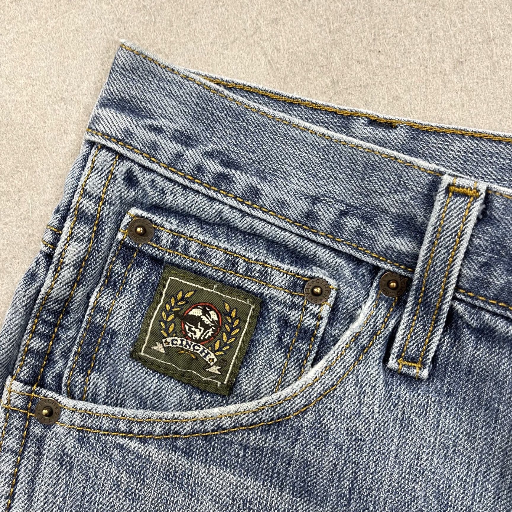 Denime Cinch Jeans Mens 31x32 Blue Faded Denim Western Rodeo Cowboy Green Label Rancher Jeans - Cinch Men's Regular Straight 31 X 32 Blue Denim 80s? Size US 31 - 6 Thumbnail