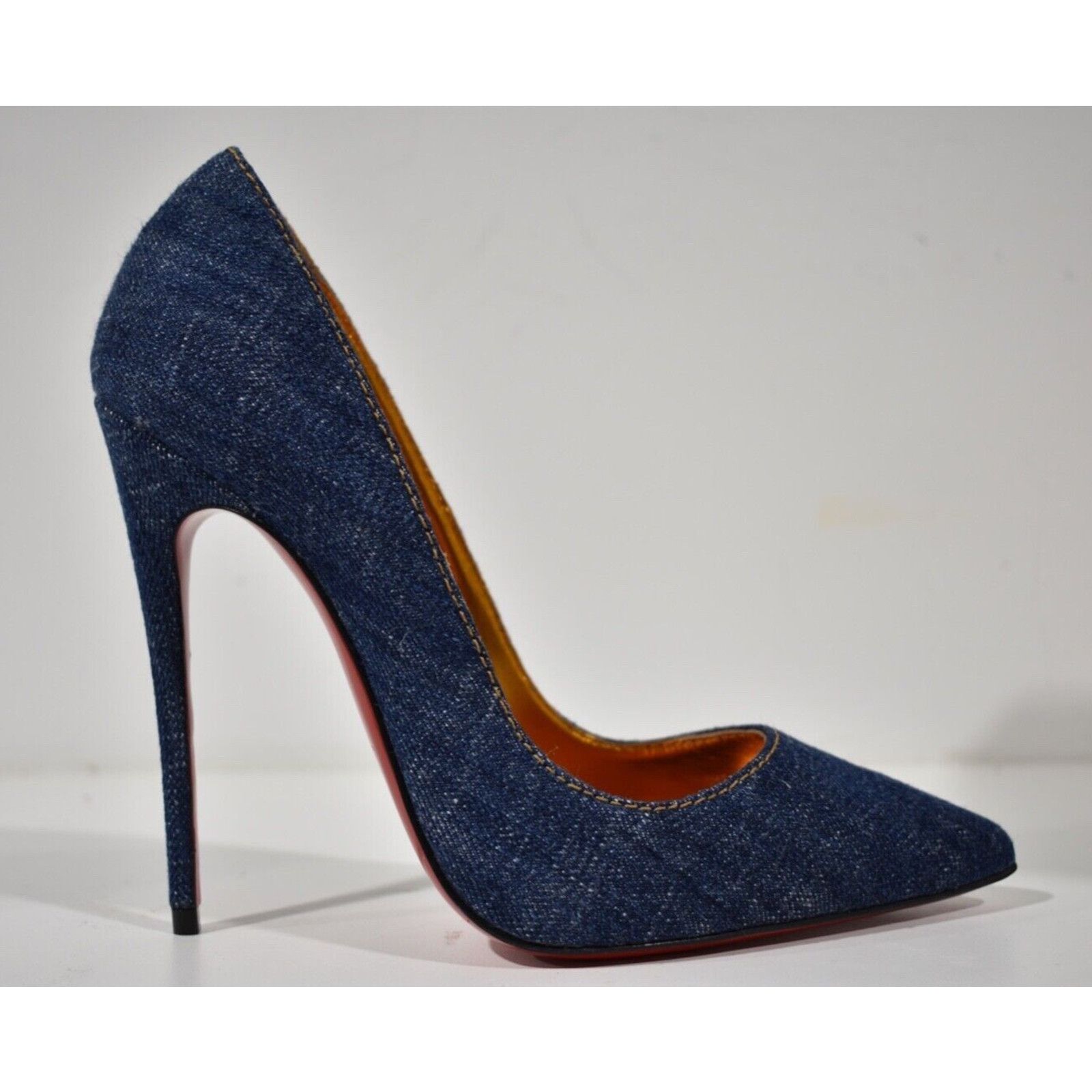 Christian Louboutin So Kate 120 Blue Denim Saba Gold Stiletto Heel Pump 38 Size US 8 / IT 38 - 2 Thumbnail
