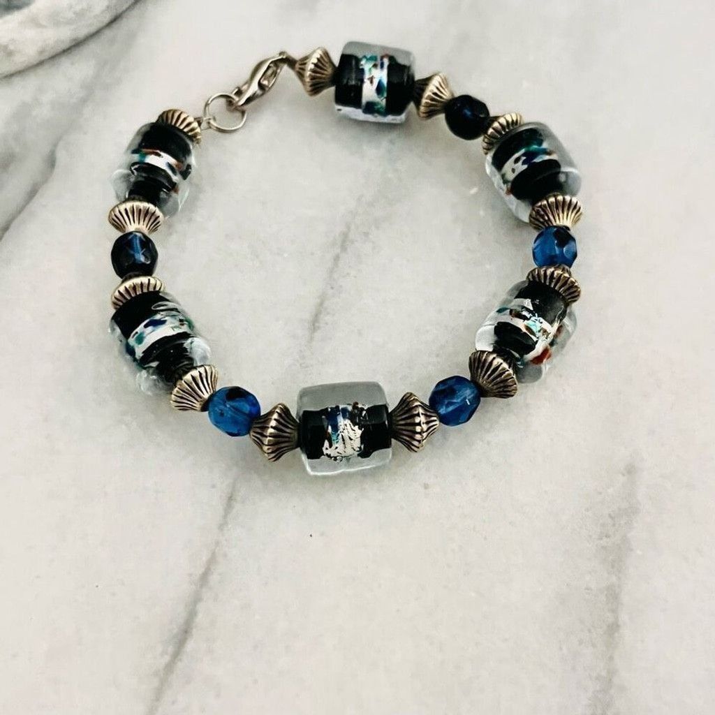 Jewelry Art Glass Beaded Bracelet Blue Silver Black Size ONE SIZE - 2 Thumbnail