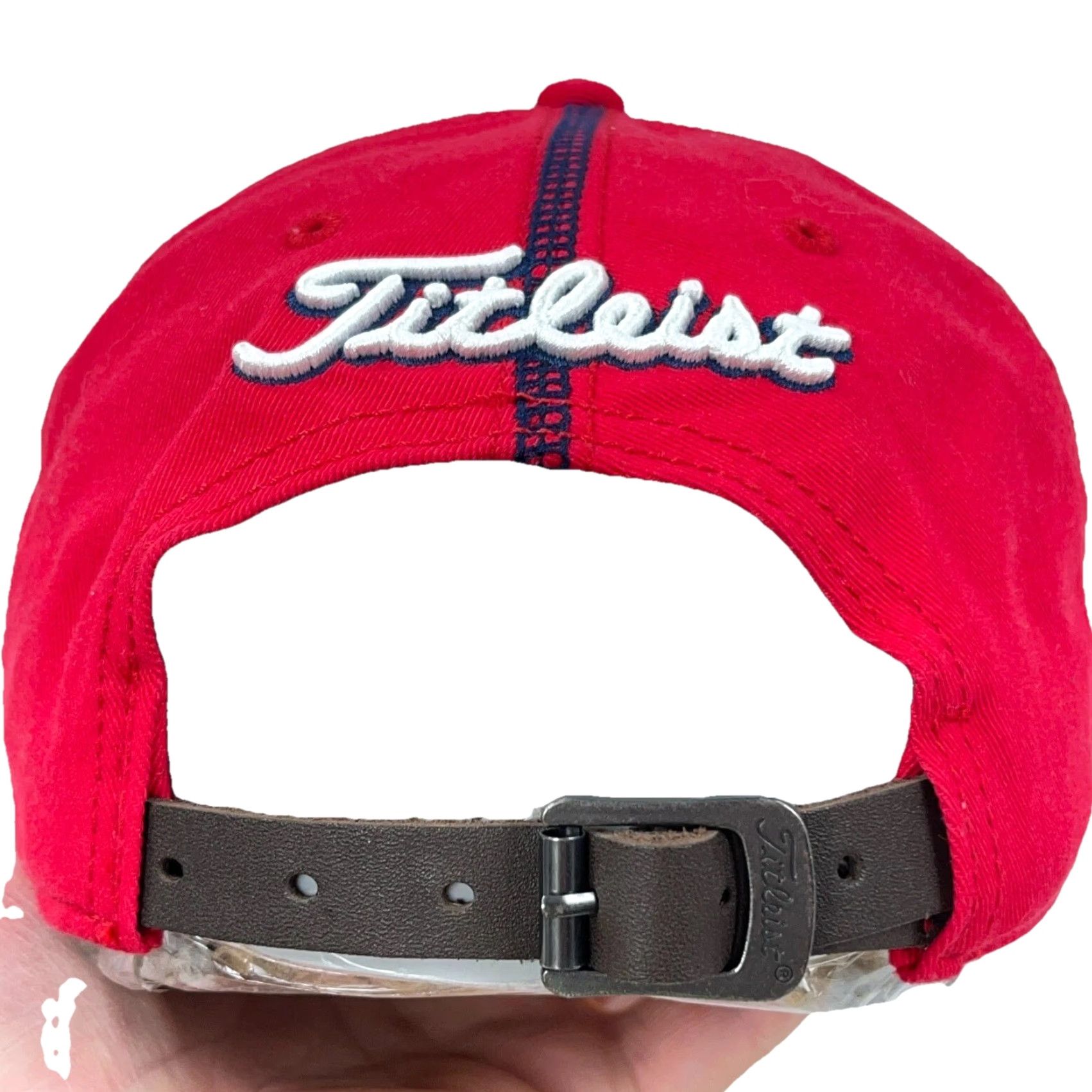 Titleist Titleist Hat Cap Red Blue Leather Strap Back Gold Dad Baseball Spell Out Script Cap Mens L Red Cotton Twill 80s 90s Retro USA Baseball Cap Size ONE SIZE - 3 Thumbnail