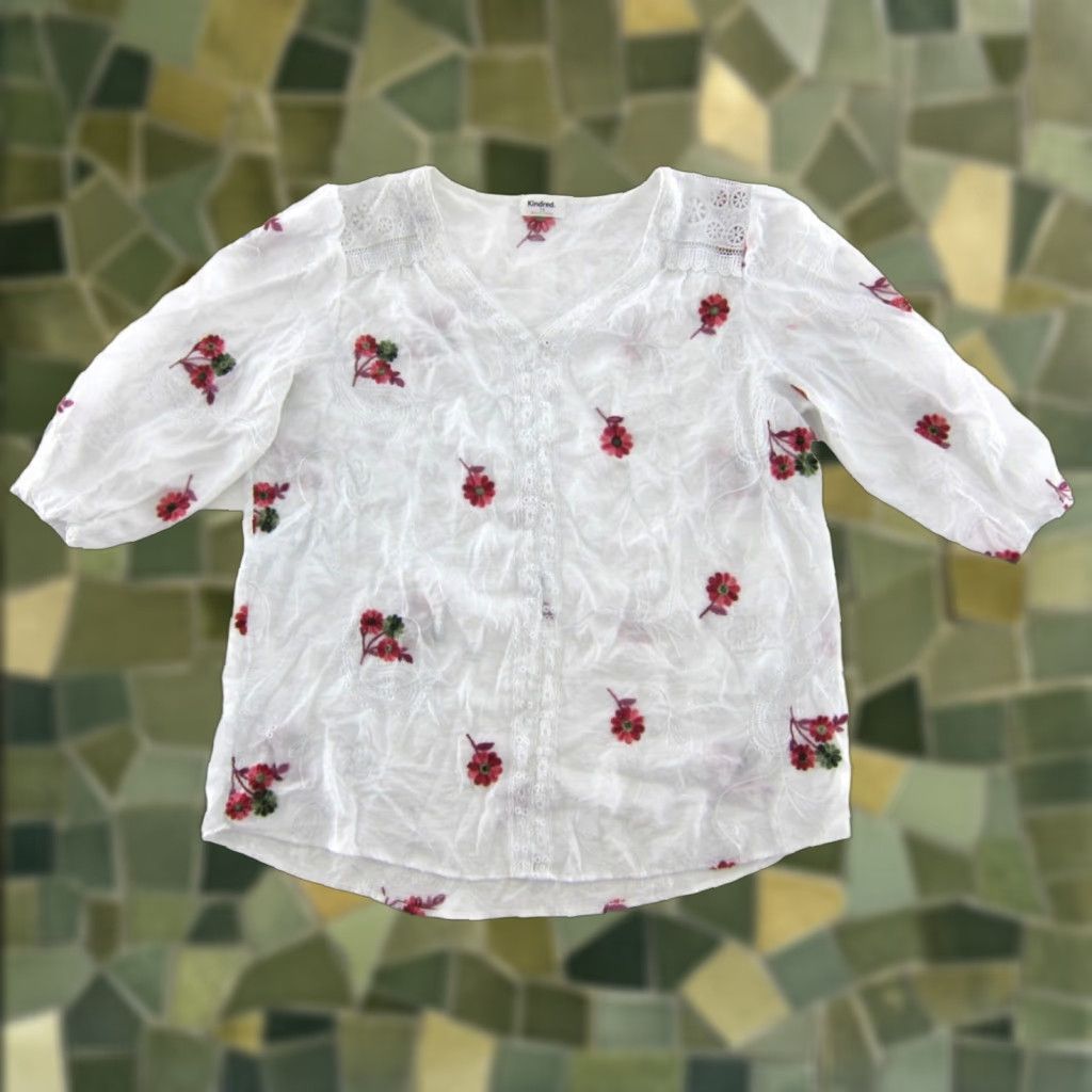 Vintage Kindred Anthropologie Blouse Rayon Embroidered White Pink Floral 3/4 Sleeve 1X Size XL / US 12-14 / IT 48-50 - 1 Thumbnail