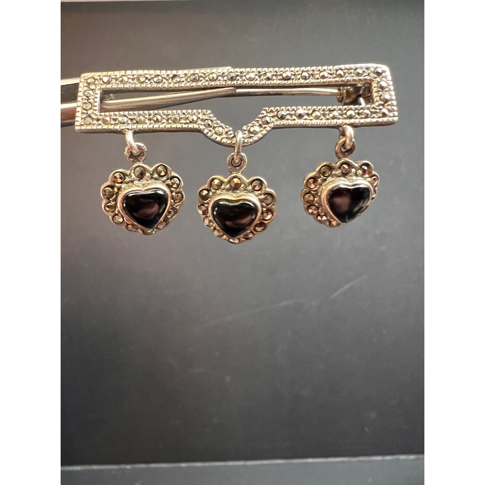 Other Vintage black onyx heart and marcasite 925 silver pin brooch Size ONE SIZE - 2 Thumbnail