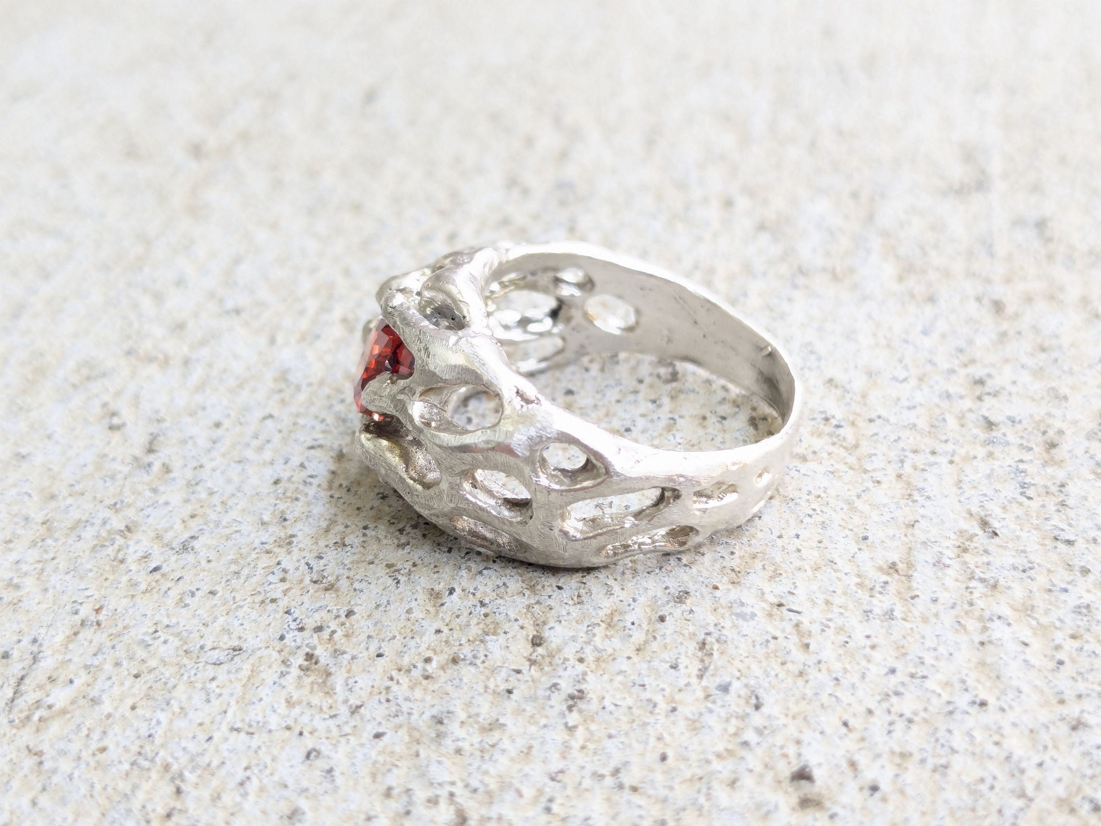 Sterling Silver Vintage Sterling Silver Ring Red Garnet Brutalist Modern Size ONE SIZE - 3 Thumbnail