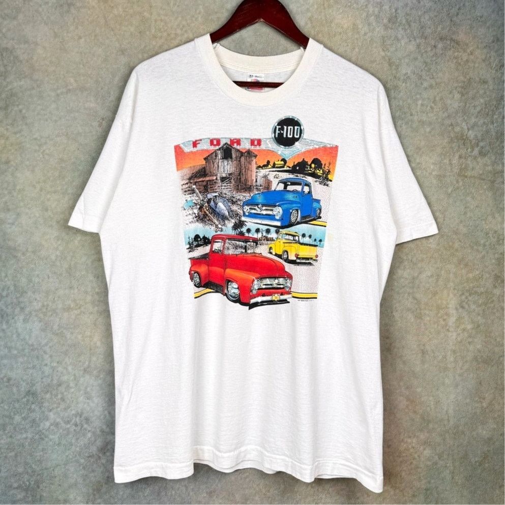 Ford × Fruit Of The Loom × Vintage VTG 90s Ford F-100 Truck T Shirt Sz XL White Retro Cars Size US XL / EU 56 / 4 - 2 Thumbnail