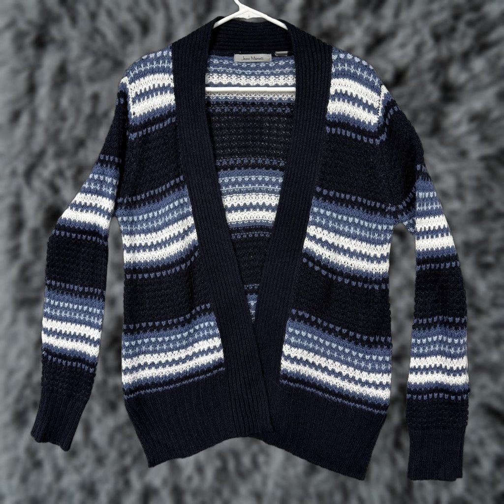 Vintage Jason Maxwell Cardigan Sweater Women S Blue Striped Open Knit Boho Cabincore V-Neck Open Front Knit Casual Fall Winter Size S / US 4 / IT 40 - 1 Thumbnail