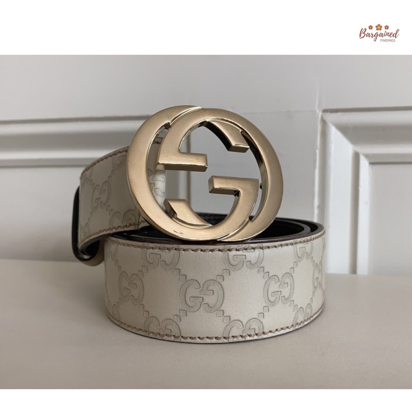 Gucci Gucci Cream Guccissima Leather Gold Interlocking Buckle Belt Size 28 - 1 Thumbnail