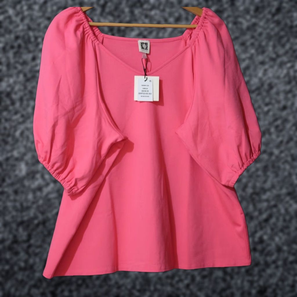 Anne Klein NWT! Anne Klein Puff Sleeve Blouse Pink Sweetheart Neck Women's 2X #H67-9 Size XXL / US 16-18 / IT 52-54 - 1 Thumbnail