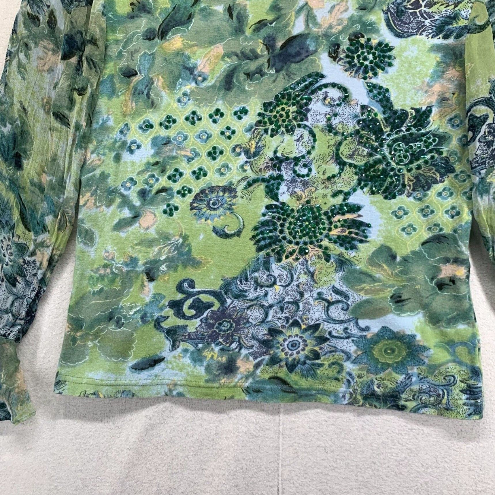Vintage VINTAGE Dressbarn Women's Crop Top Floral Green Size M Sheer Bell Sleeves Sequin Casual Size M / US 6-8 / IT 42-44 - 7 Thumbnail