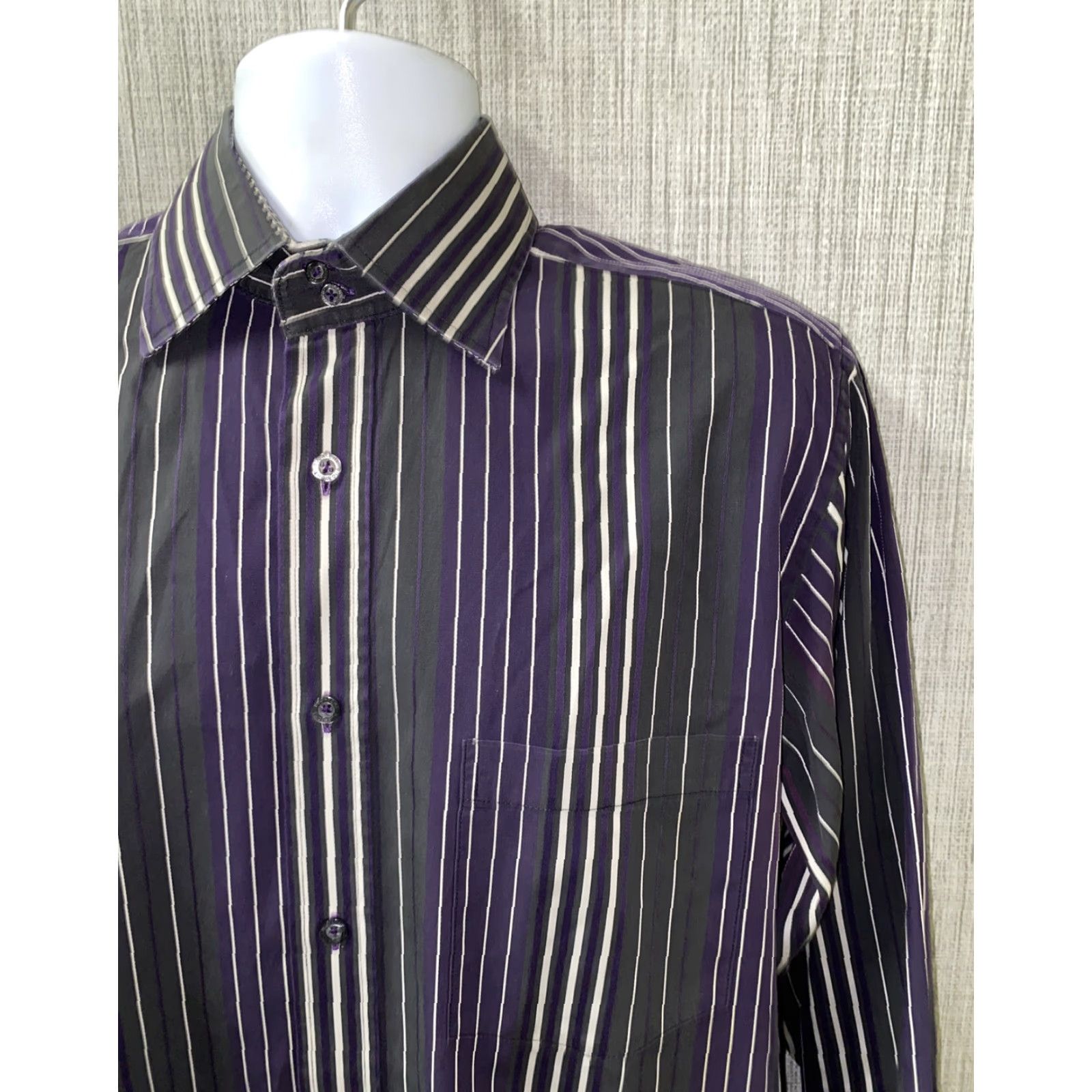 BUGATCHI Bugatchi Uomo Shirt Mens Long Sleeve Button-Up Striped Black/Purple L Regular Armpit 24.5 Cotton? Size US L / EU 52-54 / 3 - 2 Thumbnail