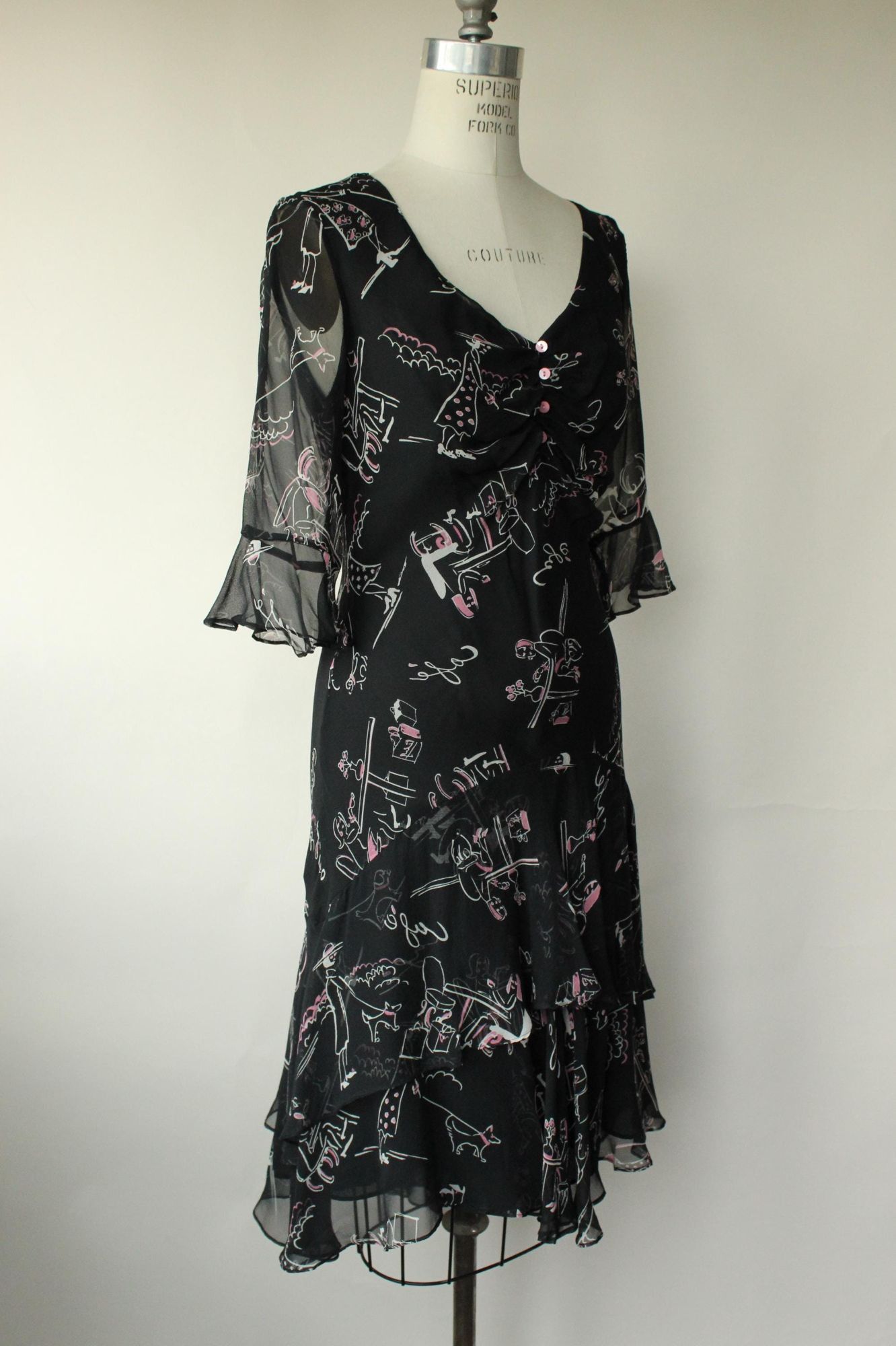 Vintage Vintage 1990s Dress, Ice Black Silk Cafe Print Frock, Does 1 Size M / US 6-8 / IT 42-44 - 6 Thumbnail