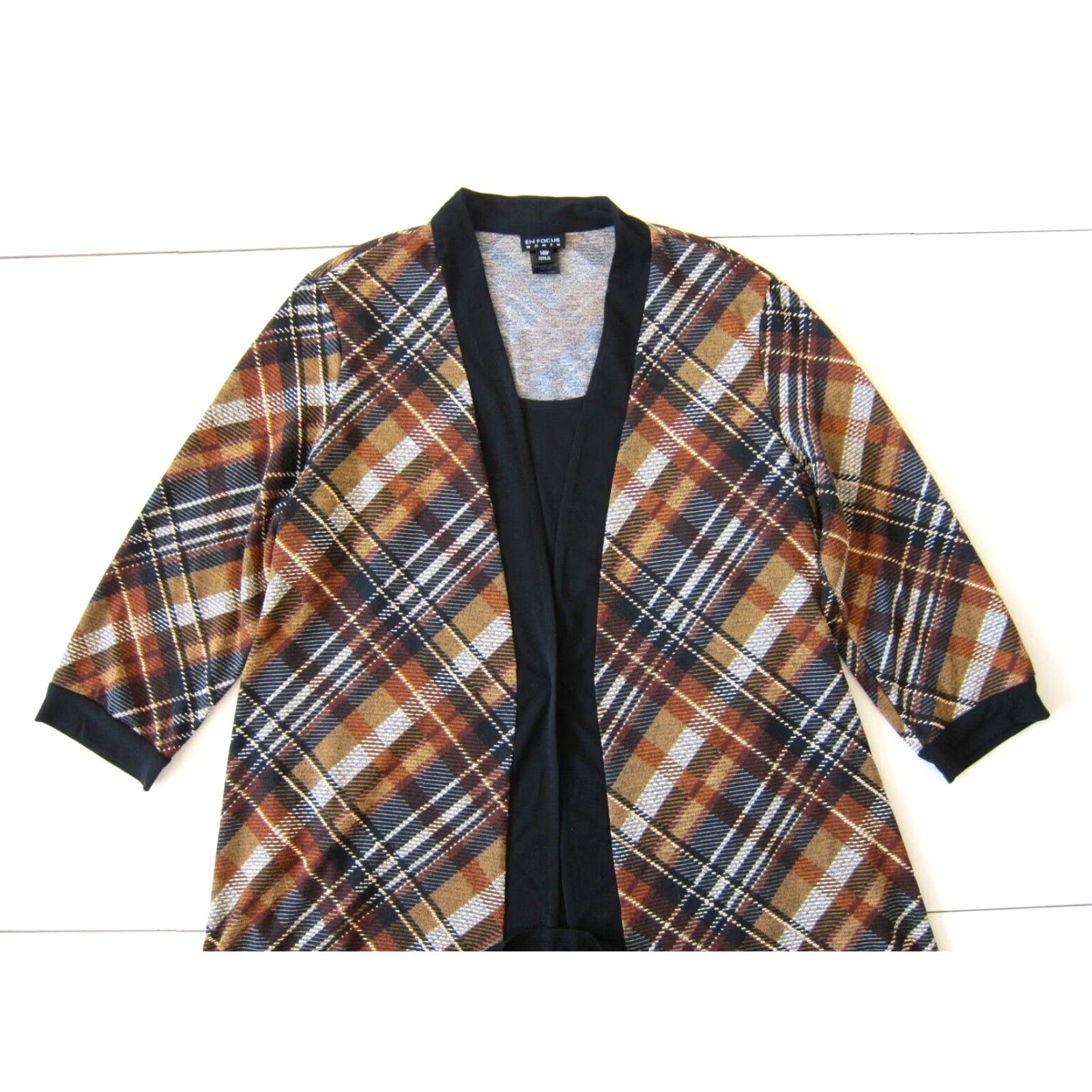 Vintage VINTAGE En Focus Women Black Brown Plaid Stretch 3/4 Sleeve Cardigan Tunic Dress 14W Size XL / US 12-14 / IT 48-50 - 3 Thumbnail