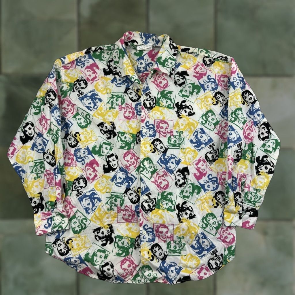 VINTAGE Esprit Women's Button-Up Shirt Small Long Sleeve Collared Colorful 80s 90s White