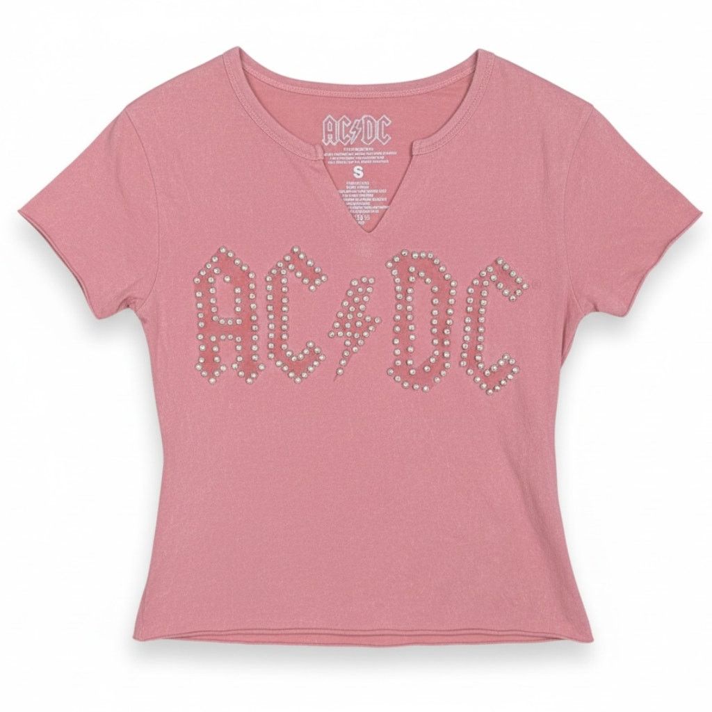 AC/DC AC/DC Pearl Embroidered Women's S Pink V-Neck Logo T-Shirt Size S / US 4 / IT 40 - 1 Thumbnail