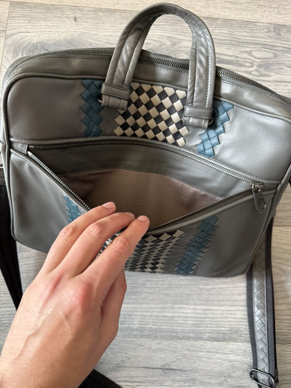 Bottega Veneta Intrecciato Leather Laptop Briefcase Bag in Grey & Teal Size ONE SIZE - 19 Thumbnail