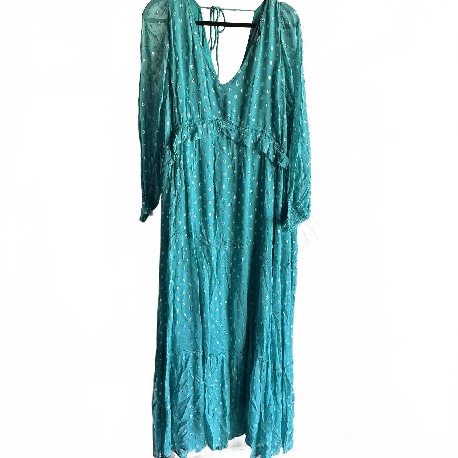 Designer Arula 1X Bohemian Chic Teal Maxi Dress with Silver Dots Size XL / US 12-14 / IT 48-50 - 1 Thumbnail