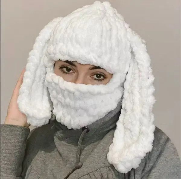 image of Vintage Hand Knitted Bunny Ears White Balaclava, Women's