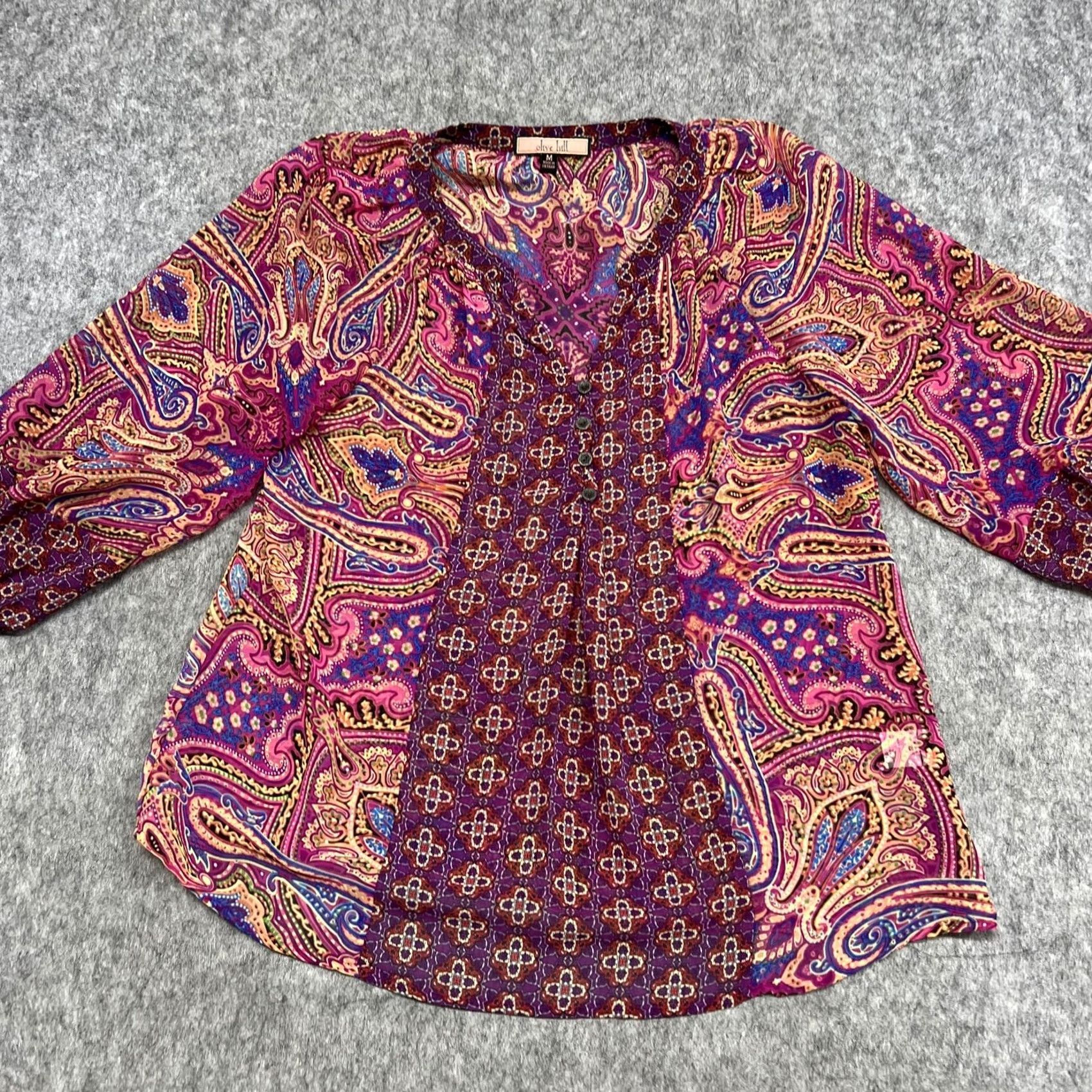 Olive Olive Hill Blouse Womens M Multicolor Paisley V-Neck 3/4 Sleeve Tunic Top Boho Size M / US 6-8 / IT 42-44 - 4 Thumbnail