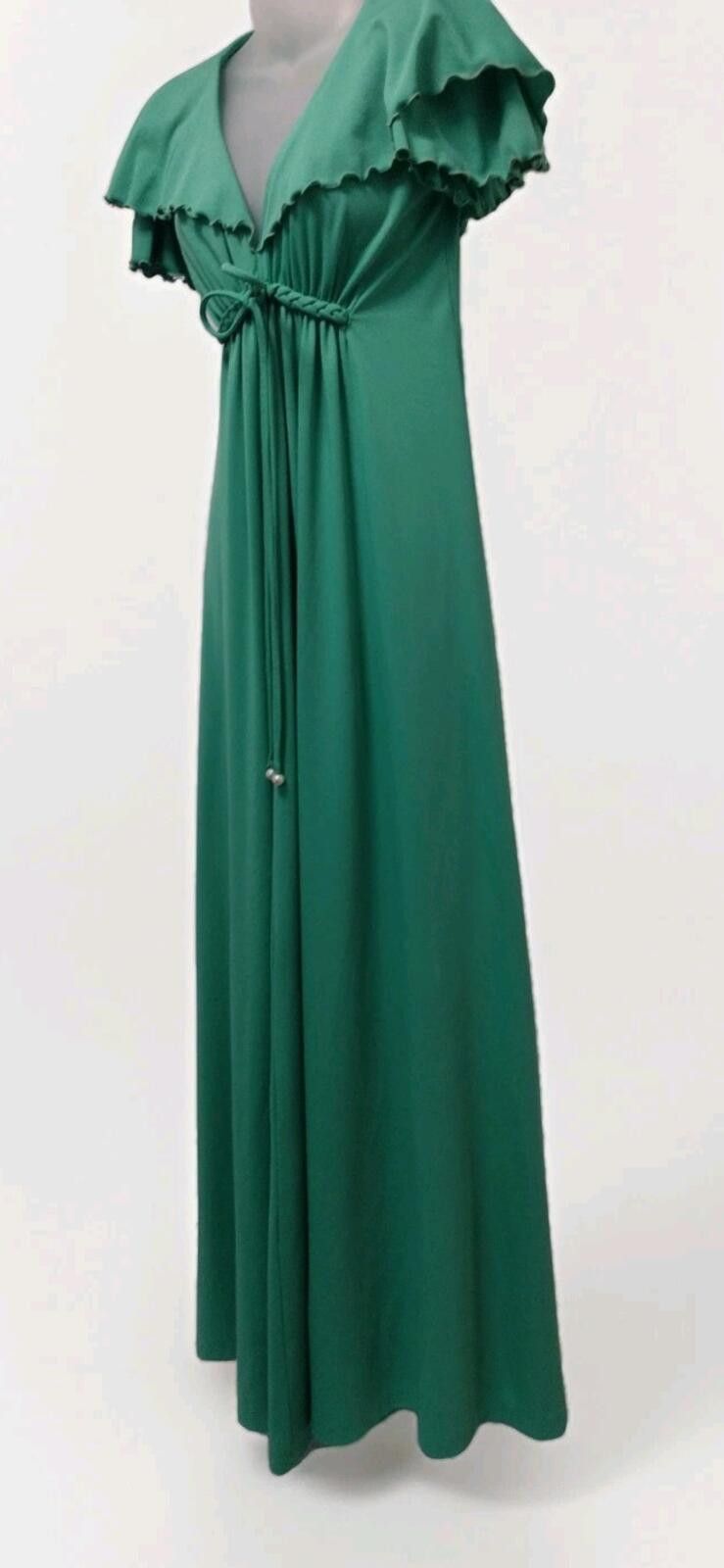Handmade 70s Green Polyester Empire Waist Maxi Dress Flutter Sleeve M Size L / US 10 / IT 46 - 2 Thumbnail