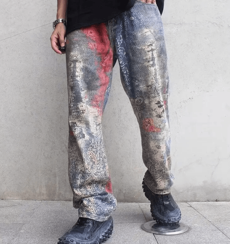 Japanese Brand Streetwear 3D Painting Print Old Slim Jeans Size US 32 / EU 48 - 3 Thumbnail