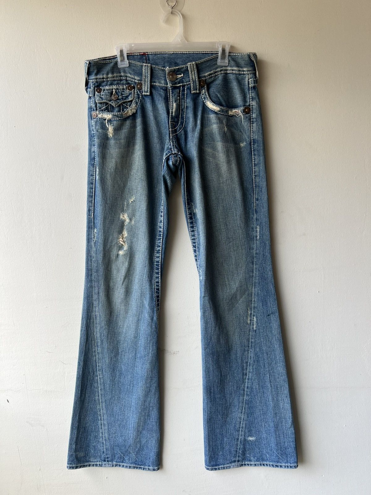 True Religion VTG Y2K True Religion Joey Big T Distress Denim Flare Jeans Size US 30 / EU 46 - 2 Thumbnail