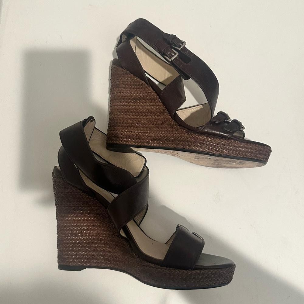Designer KORS Michael Kors Brown Leather Jute Wedge Sandals Size 8 Size US 8 / IT 38 - 8 Thumbnail