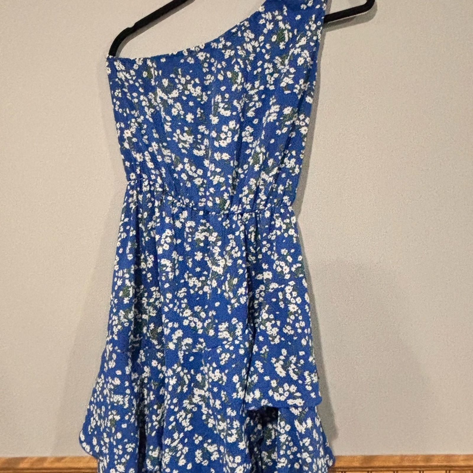 Other Royal Blue Floral One-Shoulder Ruffle Layered Dress Sz Small Size S / US 4 / IT 40 - 1 Thumbnail