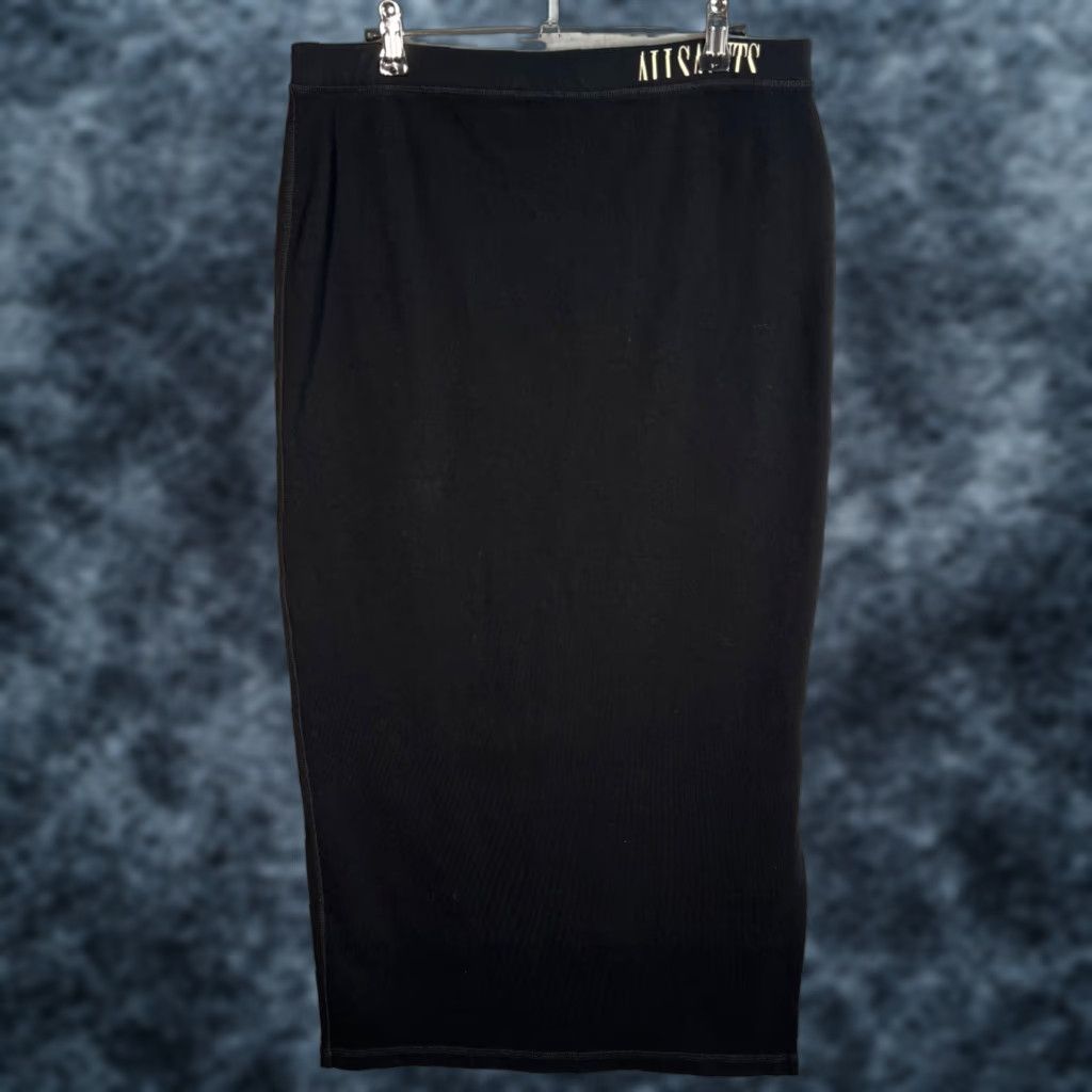 VINTAGE AllSaints Womens Ribbed Black Midi Skirt Size 12 Cotton Blend Straight & Pencil