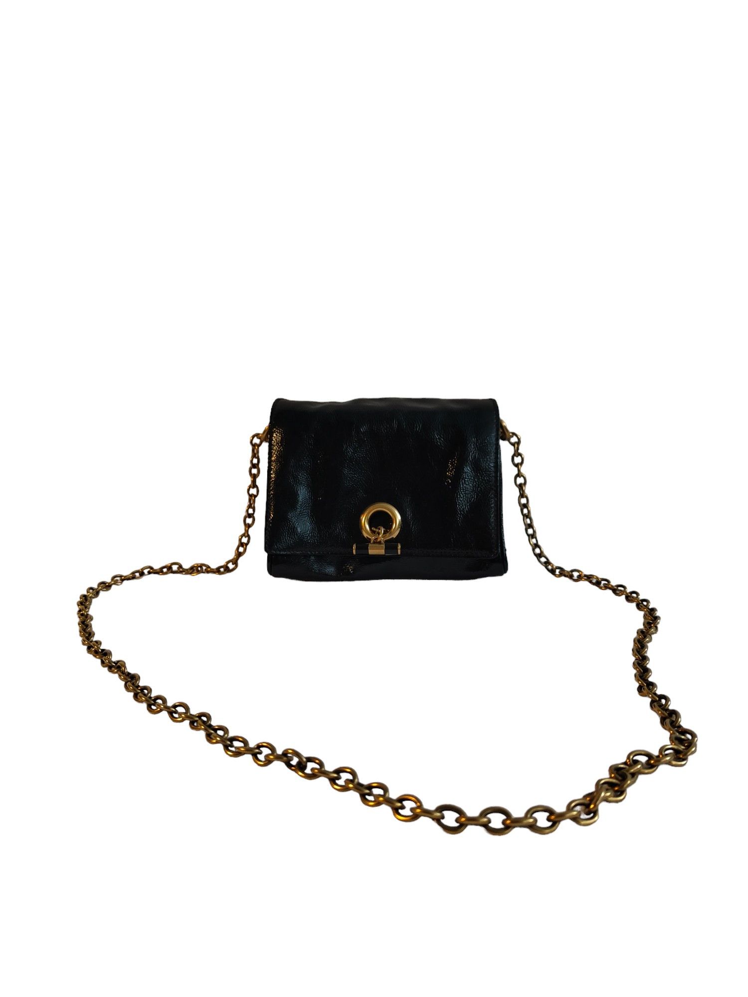 Black Patent Mini Shoulder Bag With Gold Chain Strap