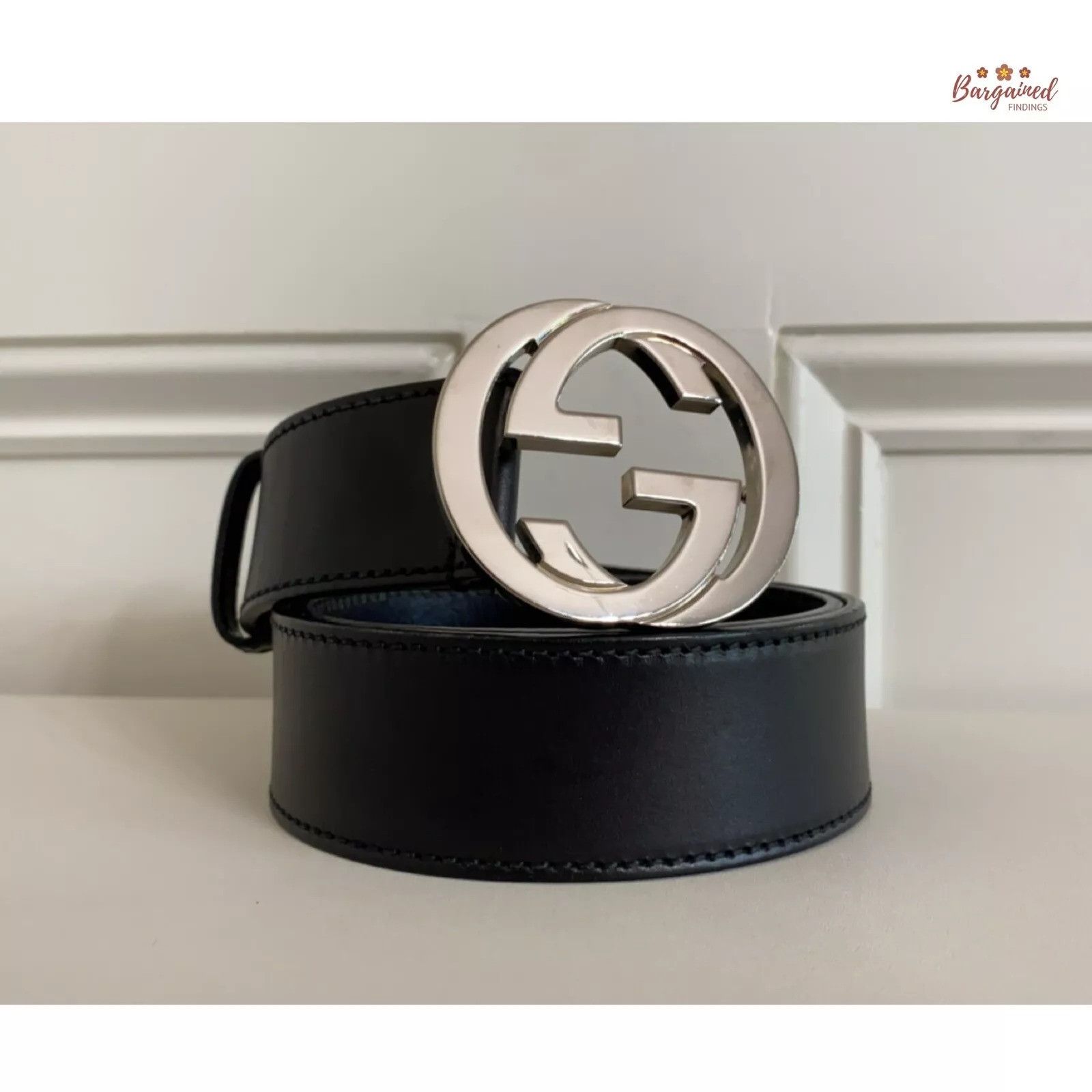 Gucci Gucci Black Calfskin Silver Interlocking G Buckle Belt Size 30 - 1 Thumbnail