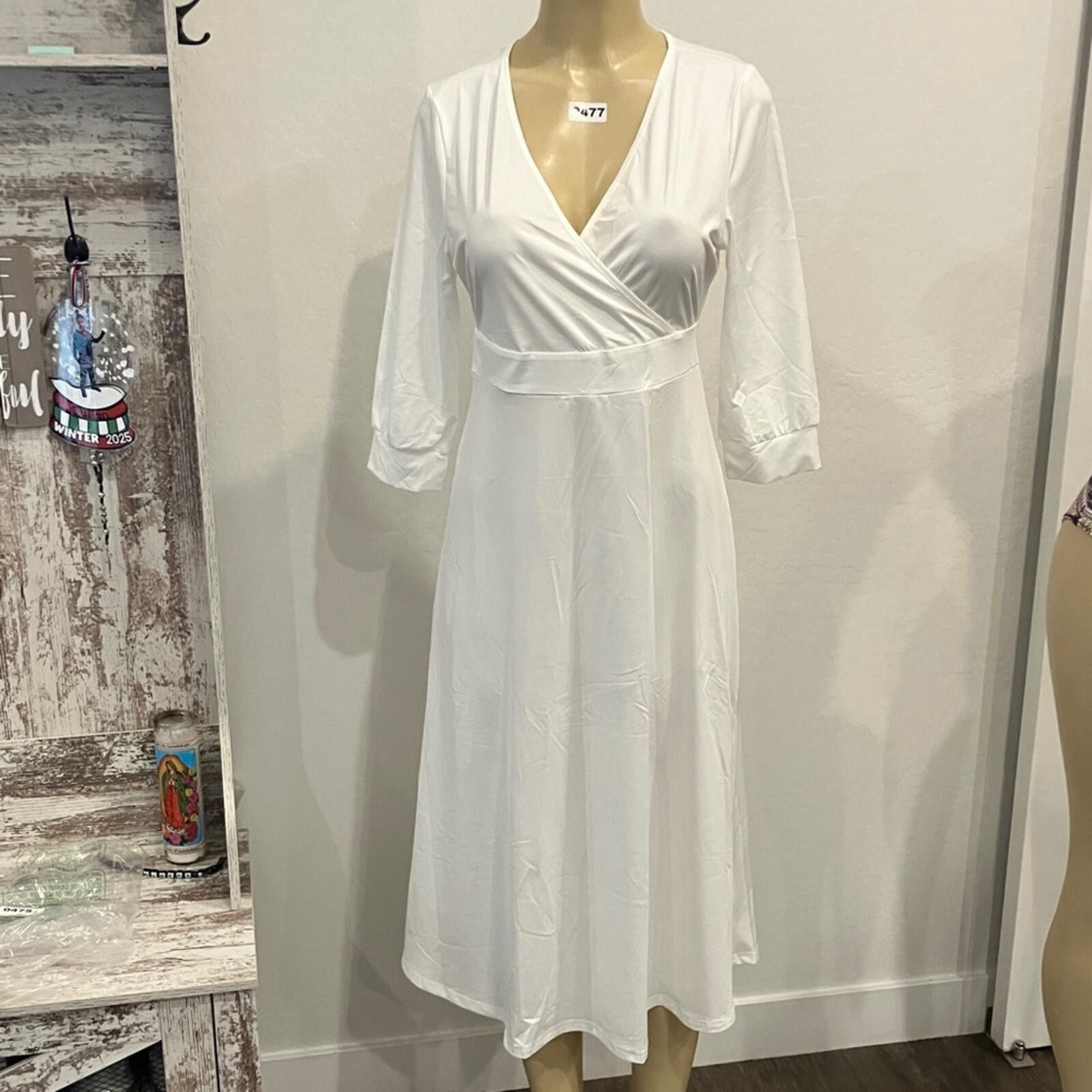 Other Elegant White Midi Wrap Dress - V-Neck, 3/4 Sleeves Size M / US 6-8 / IT 42-44 - 1 Thumbnail