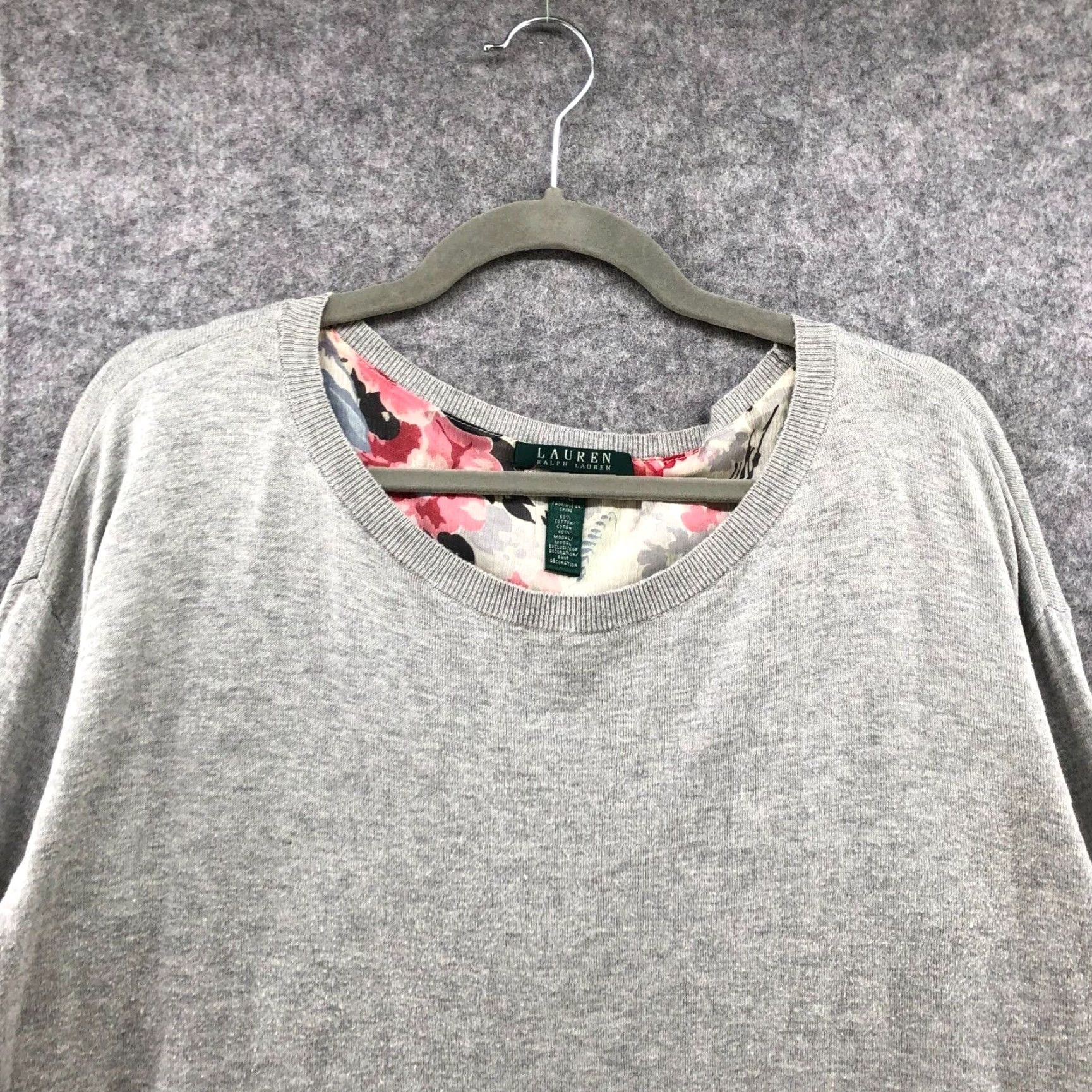 Ralph Lauren VINTAGE Lauren Ralph Lauren Sweater Womens L Gray Floral Crew Neck Long Sleeve Pullover Casual Lightweight Cotton Blend 90s Girls Size L / US 10 / IT 46 - 3 Thumbnail