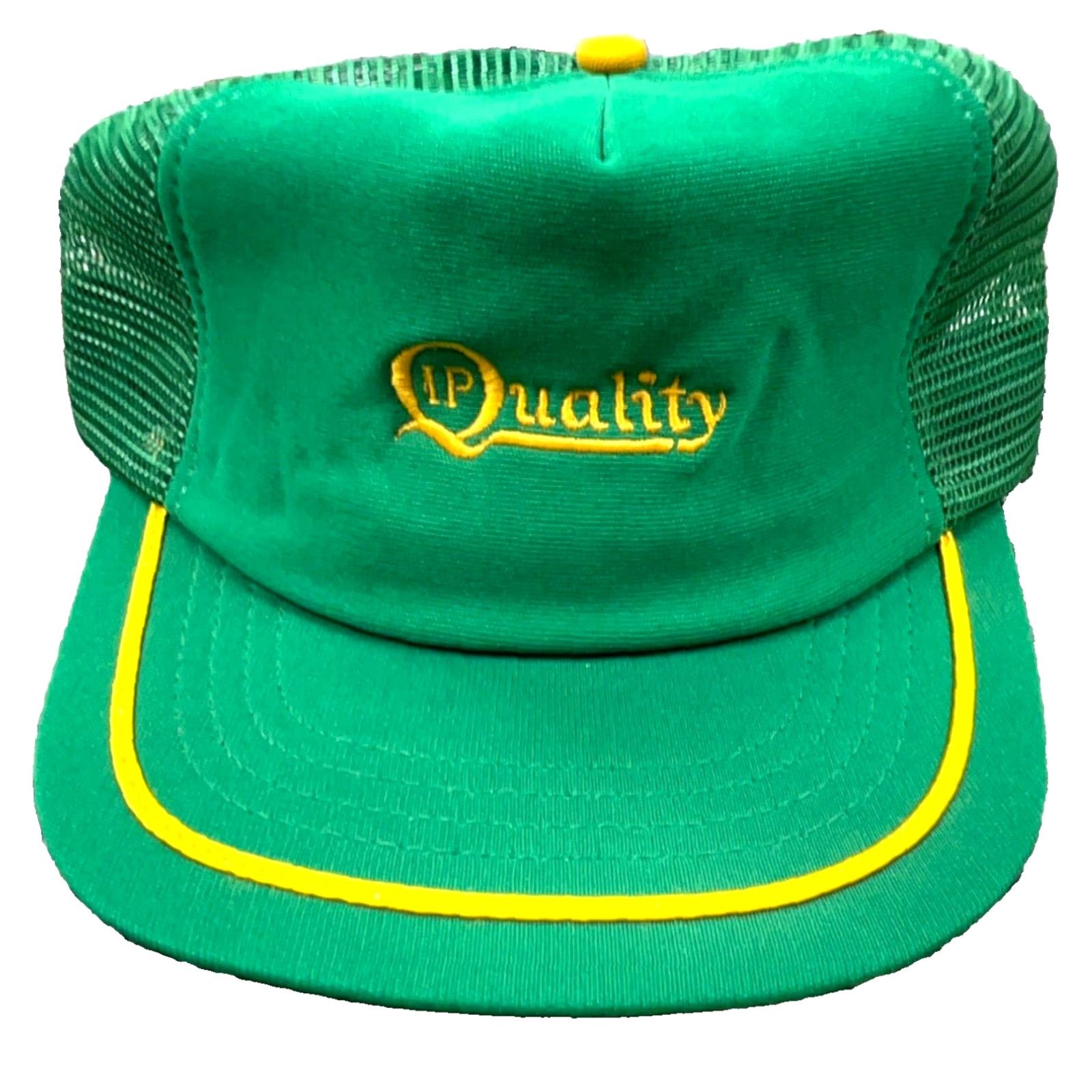 Vintage VINTAGE Trucker Hat Cap Green Yellow Made In USA 80s Stripe Farm IP Quality Snap Adjustable Mens Hat Green 80s USA Trucker Size ONE SIZE - 2 Thumbnail