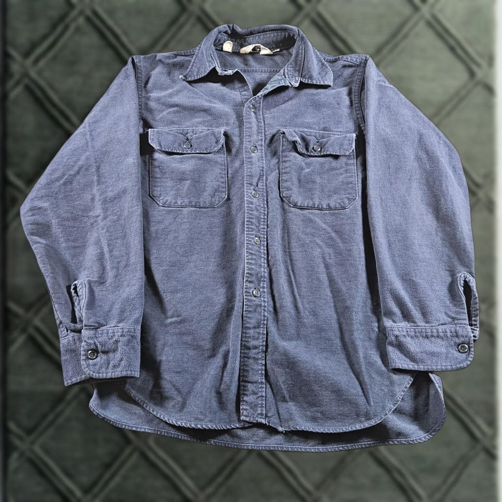 Woolrich Shirt Mens L Blue Flannel Button-Front Pocket 80s Workwear