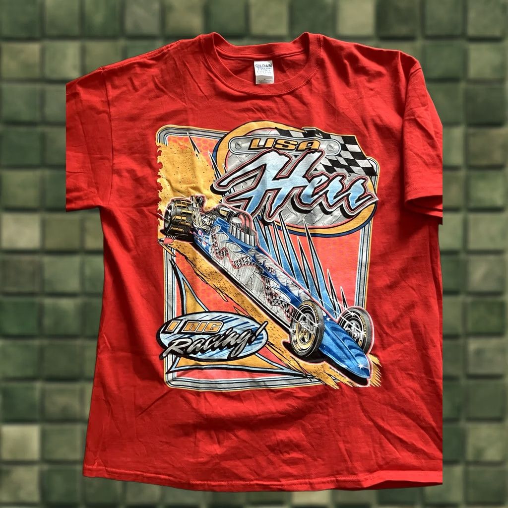 Jerzees VINTAGE Gildan Drag Racing Hot Rod Graphic T-shirt XL Red Lisa Herr Double Sided Mens XL White T-Shirt 90s NHRA USA Double-Sided Size US XL / EU 56 / 4 - 1 Thumbnail