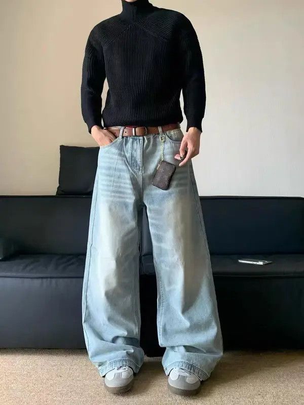 Japanese Brand Furuya x Aoki Men's light blue washed retro straight jeans Size US 34 / EU 50 - 2 Thumbnail
