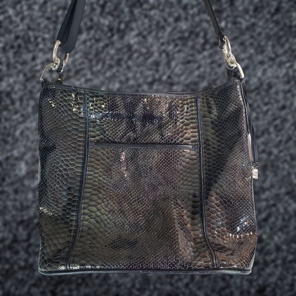 Brighton VINTAGE Brighton Shoulder Bag Brown Green Snakeskin Pattern w/ Heart Charm, Patent Leather, Medium, Women Size ONE SIZE - 1 Thumbnail