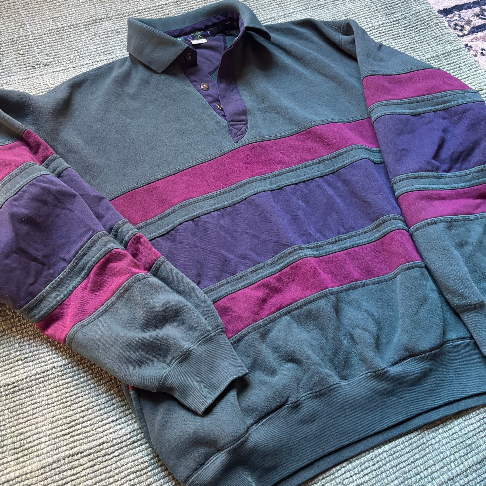 Vintage Vintage basic three tone striped collared sweatshirt Size US L / EU 52-54 / 3 - 5 Thumbnail