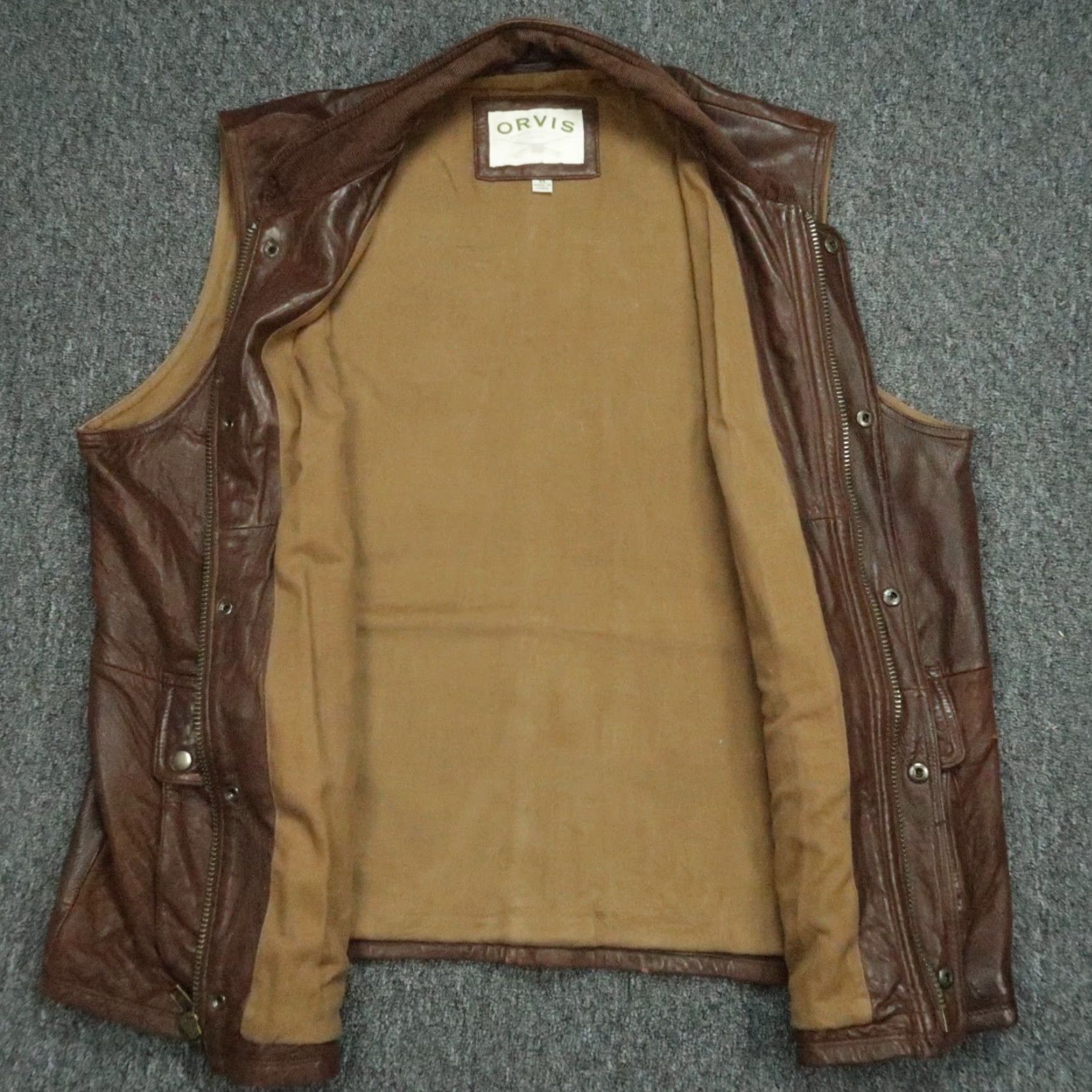 Orvis Orvis Mens XL Brown Leather Full Zip Lined Vest Pockets Hiking Hunting Casual Workwear Winter Spring Fall Mens Size US XL / EU 56 / 4 - 3 Thumbnail