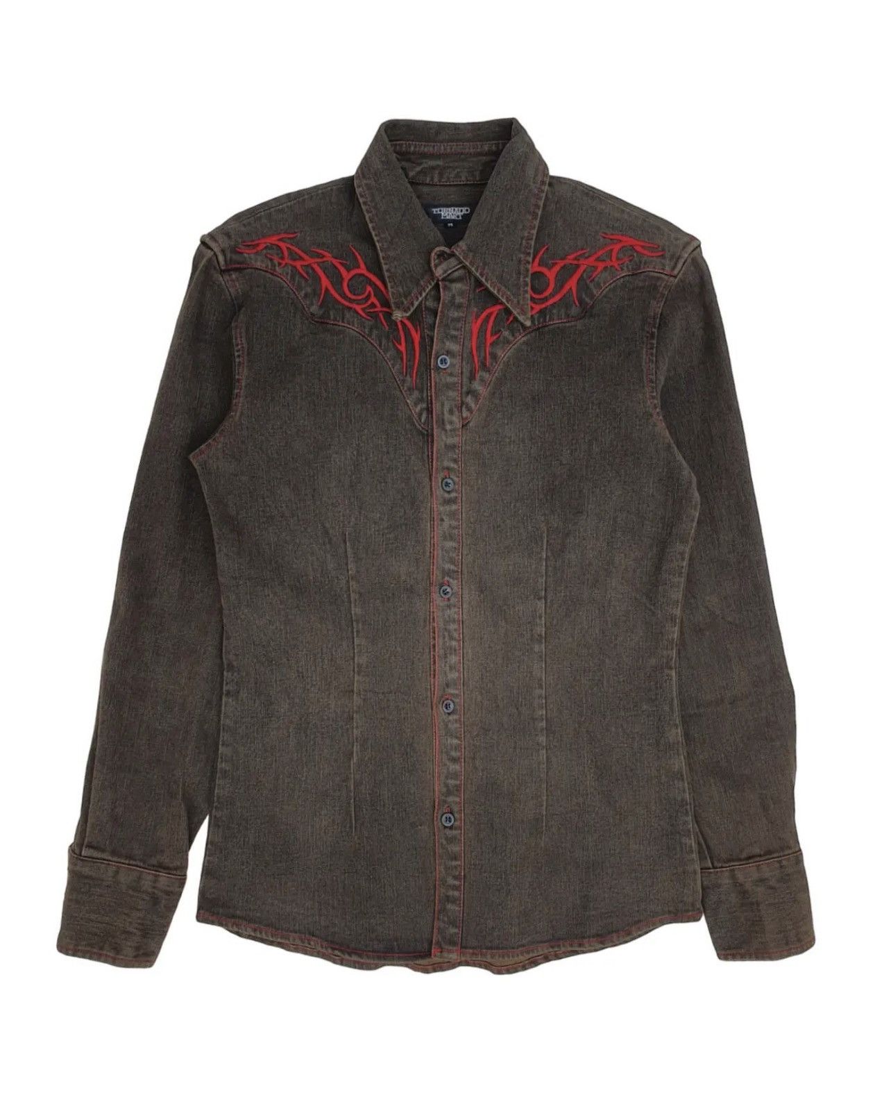 image of If Six Was Nine x Tornado Mart S/s 2005 Tornado Mart Mud-Wash Tribal Denim Shirt in Mud Grey (Size 